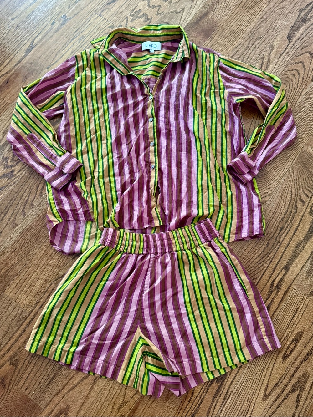 Livro Long Sleeve button up and shorts Set in Pink and Green stripe size XS